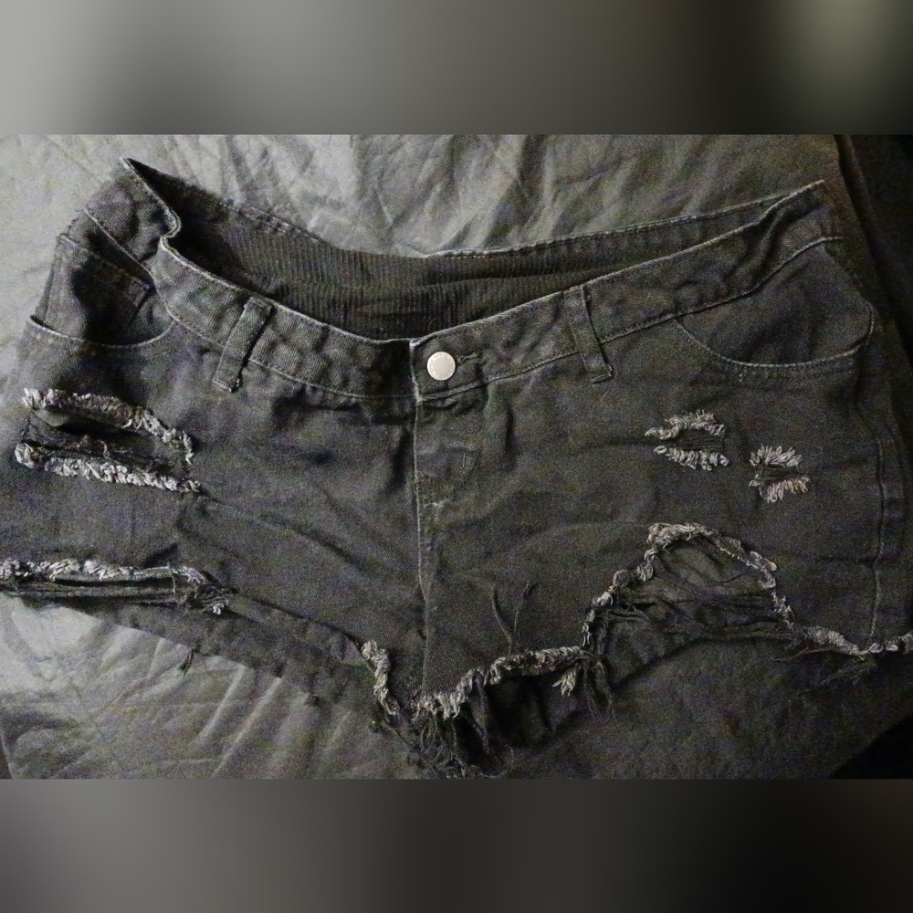 Black Distressed Maternity Denim Shorts | Over-Belly Panel | Stretch | Casual - Picture 5 of 9